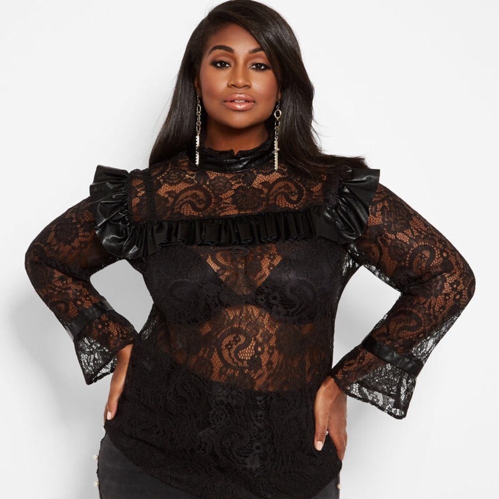 Plus size Lace top with Faux Leather Trim
